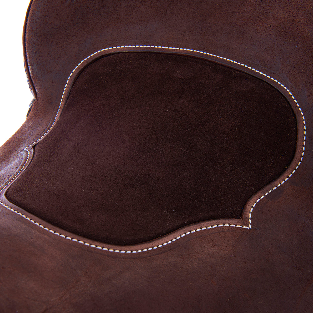 Barrel Saddle - Chocolate Leather, Smooth/Roughout, Round Skirt, 1/2 WYO Floral Corner, Deeter Border, Chocolate Inlay