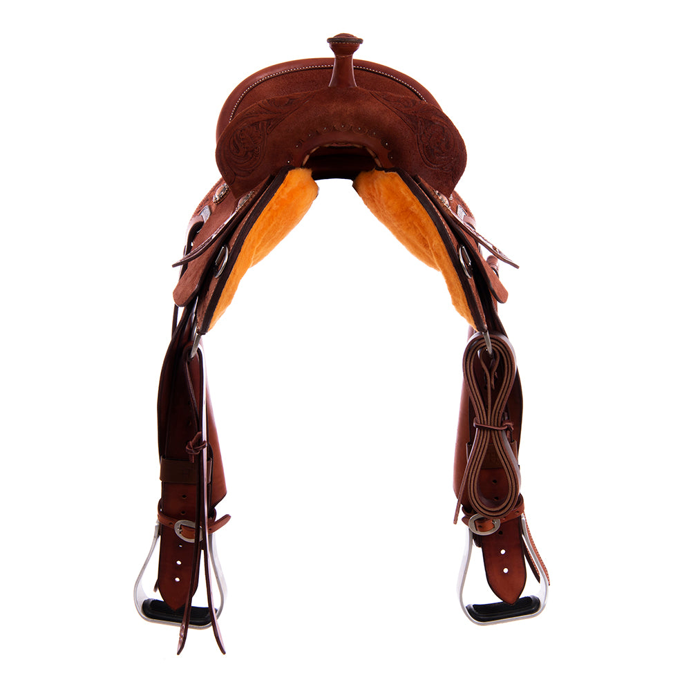 Chestnut Roughout Barrel Saddle - Round Skirts, 1/2 D. Daisy Burgundy Buckstitch Corner, Standard