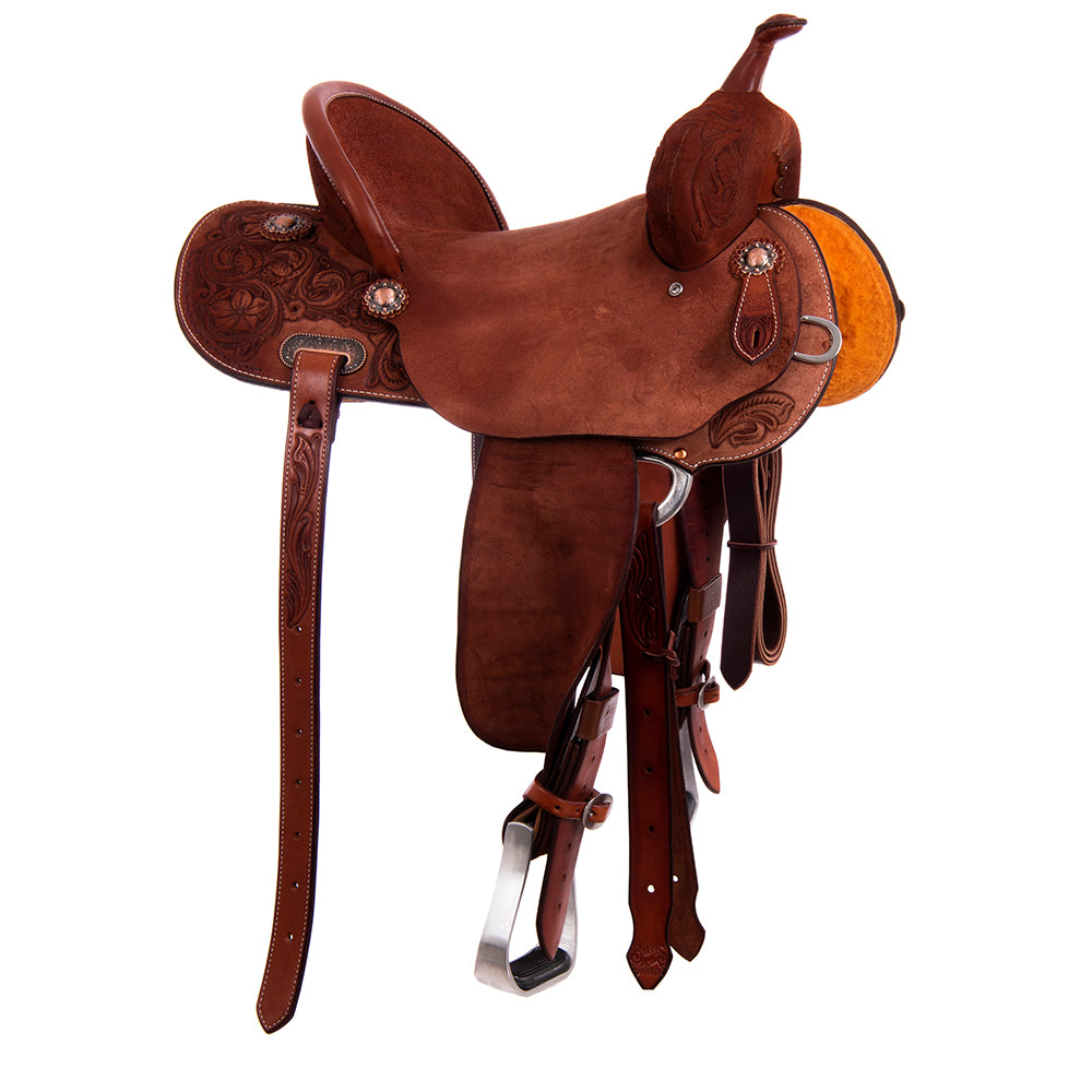 Chestnut Roughout Barrel Saddle - Round Skirts, 1/2 D. Daisy Burgundy Buckstitch Corner, Standard