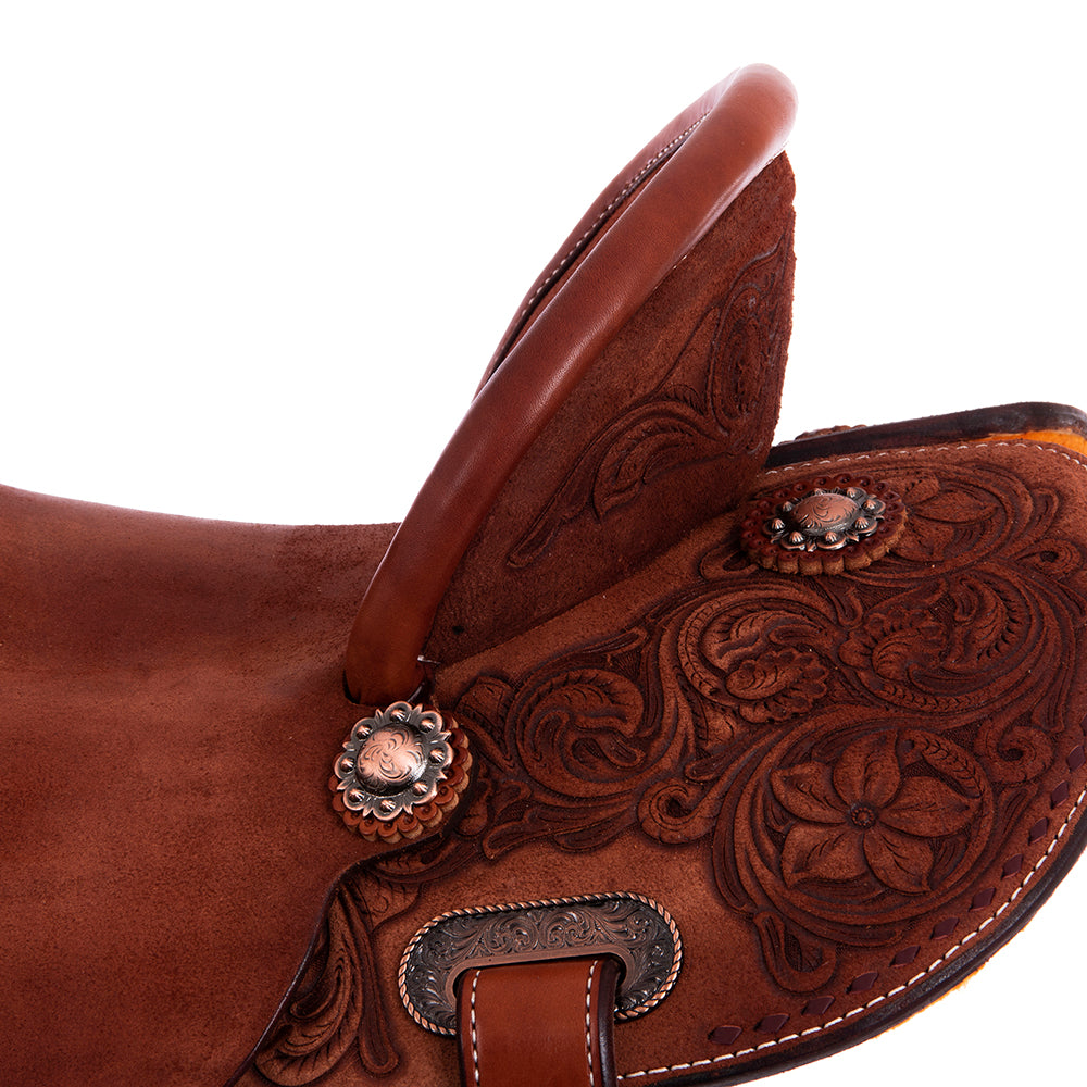 Chestnut Roughout Barrel Saddle - Round Skirts, 1/2 D. Daisy Burgundy Buckstitch Corner, Standard