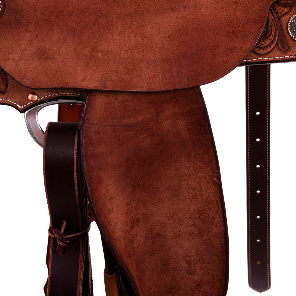 Chestnut Roughout Barrel Saddle - Round Skirts, 1/2 D. Daisy Burgundy Buckstitch Corner, Standard
