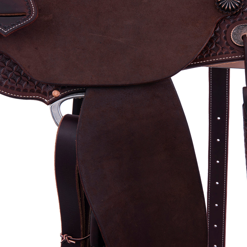 Barrel Saddle - Chocolate Leather, Half Roughout/Smooth, Round Skirt, 1/2 Diamond Waffle Tooling, Flat Inlay