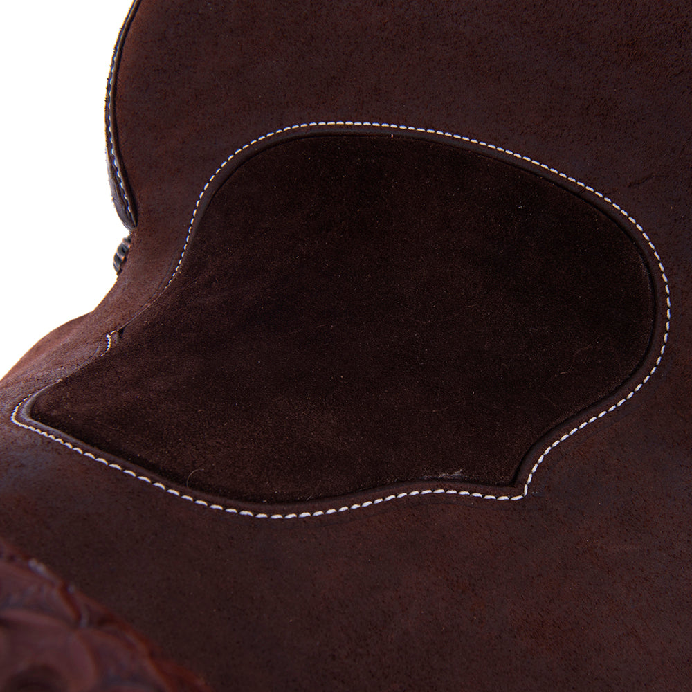 Barrel Saddle - Chocolate Leather, Half Roughout/Smooth, Round Skirt, 1/2 Diamond Waffle Tooling, Flat Inlay
