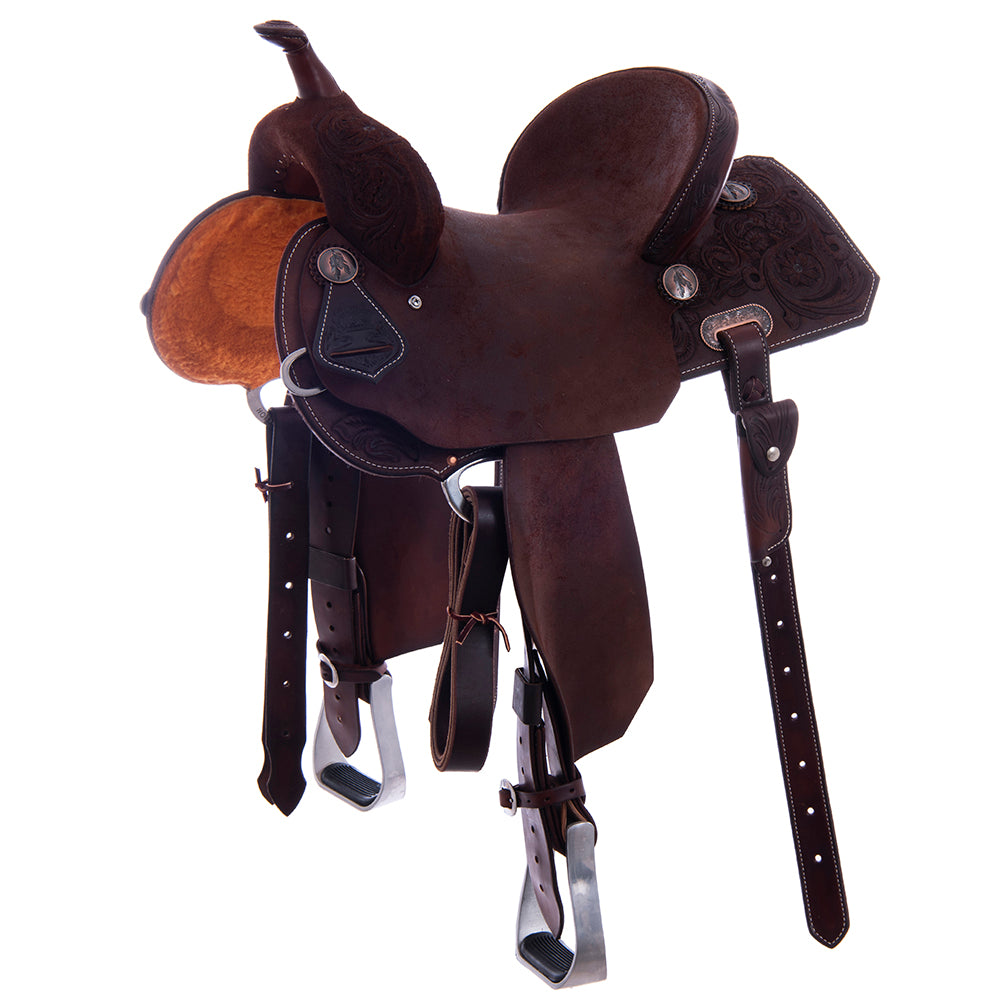 Barrel Saddle – Chocolate Roughout, Notched Skirt, 1/2 Sunflower Tooling