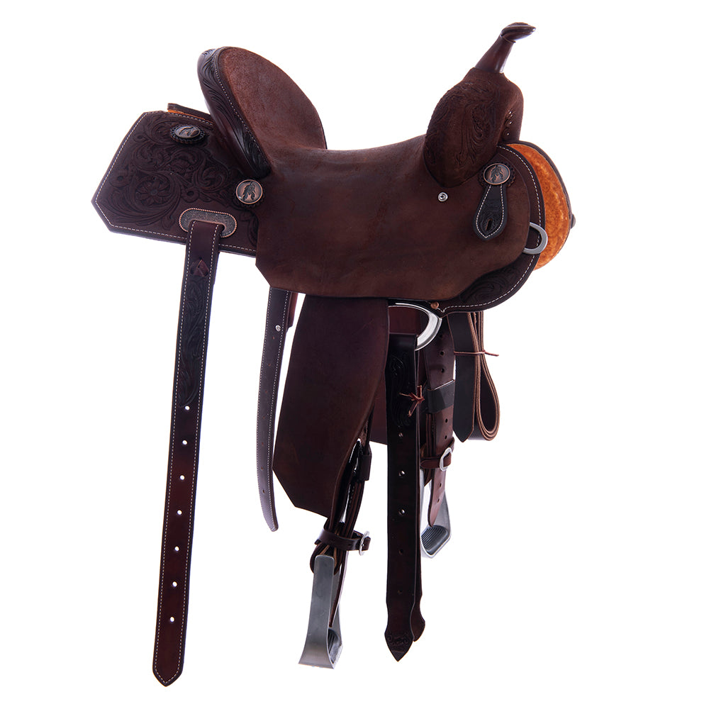 Barrel Saddle – Chocolate Roughout, Notched Skirt, 1/2 Sunflower Tooling