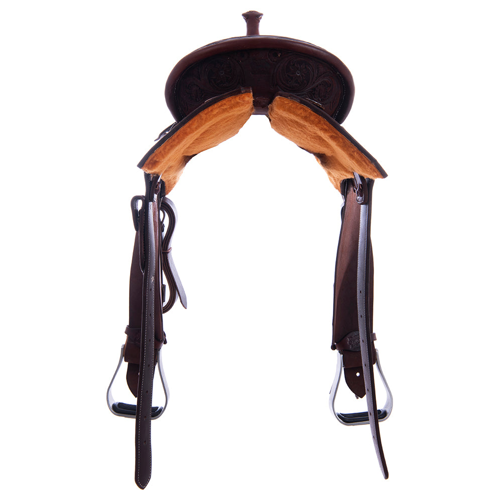 Barrel Saddle – Chocolate Roughout, Notched Skirt, 1/2 Sunflower Tooling