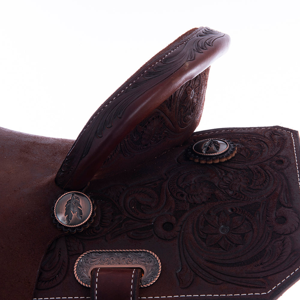 Barrel Saddle – Chocolate Roughout, Notched Skirt, 1/2 Sunflower Tooling