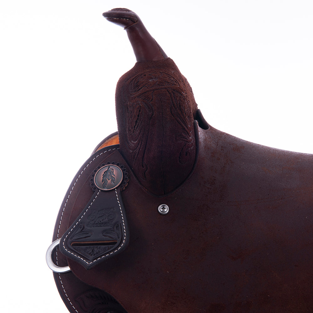 Barrel Saddle – Chocolate Roughout, Notched Skirt, 1/2 Sunflower Tooling