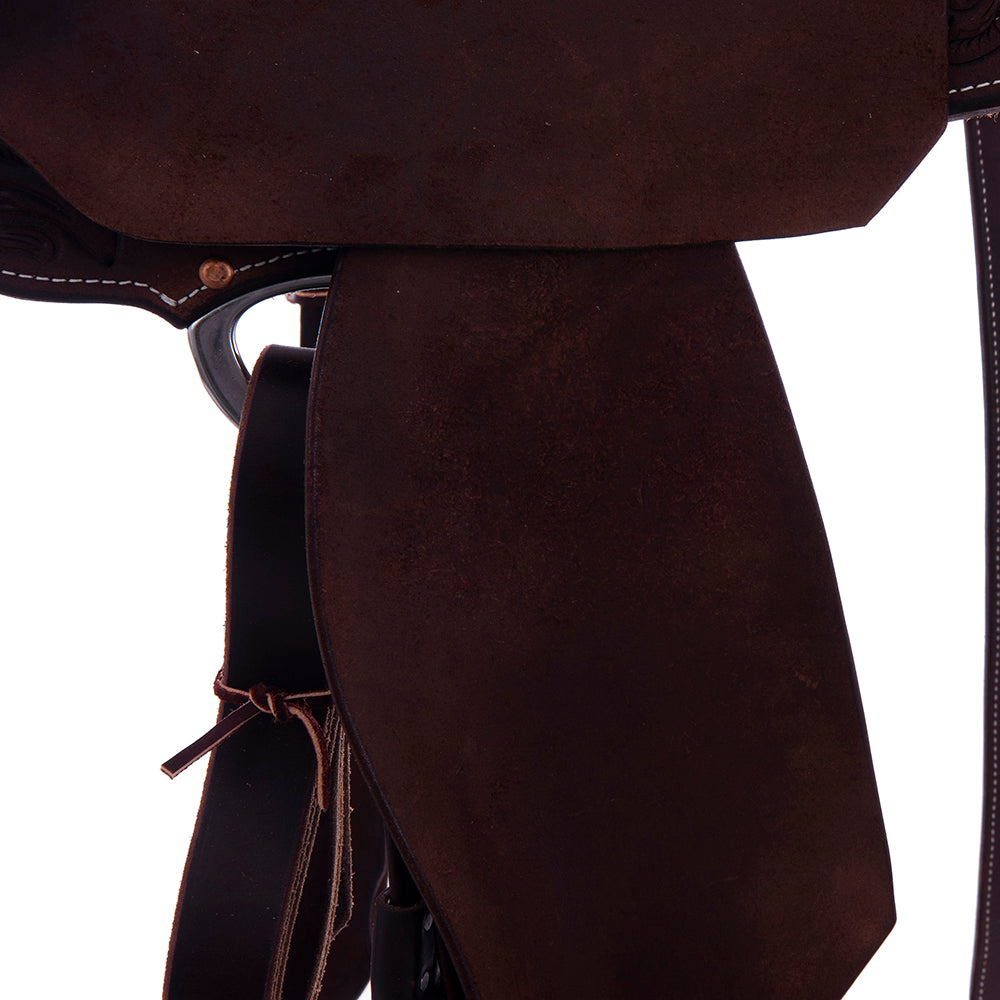 Barrel Saddle – Chocolate Roughout, Notched Skirt, 1/2 Sunflower Tooling