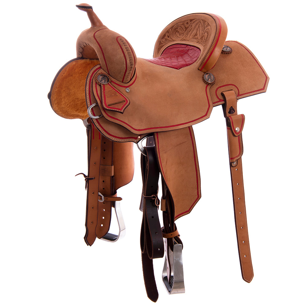 Burns Russet RO Barrel Saddle - Notched - Full Beadline Border - Red Alligator Inlay