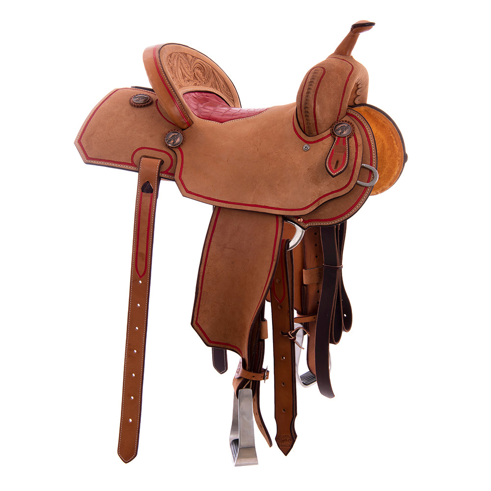 Burns Russet RO Barrel Saddle - Notched - Full Beadline Border - Red Alligator Inlay