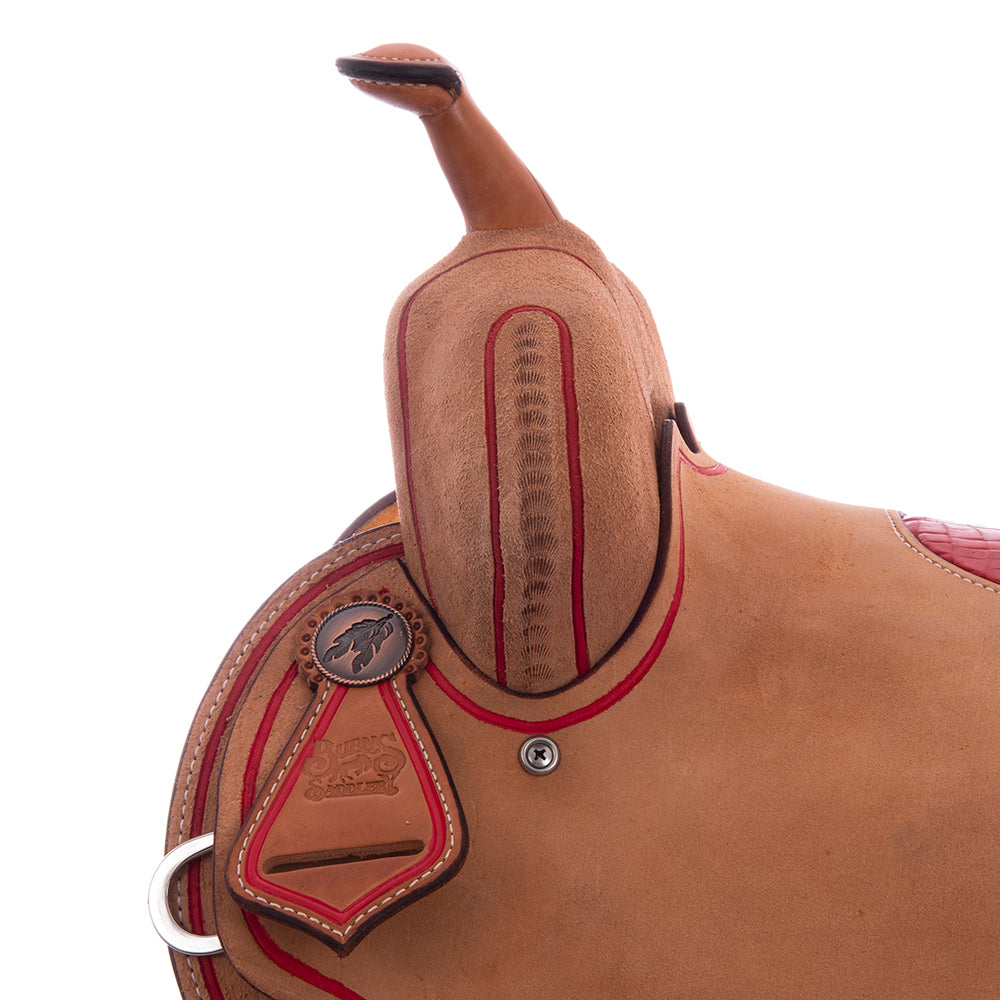 Burns Russet RO Barrel Saddle - Notched - Full Beadline Border - Red Alligator Inlay