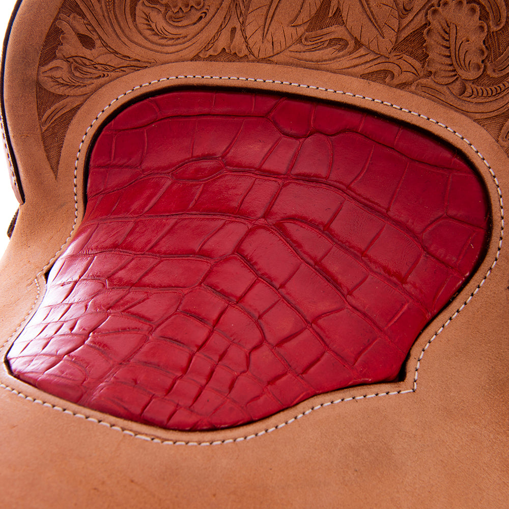 Burns Russet RO Barrel Saddle - Notched - Full Beadline Border - Red Alligator Inlay