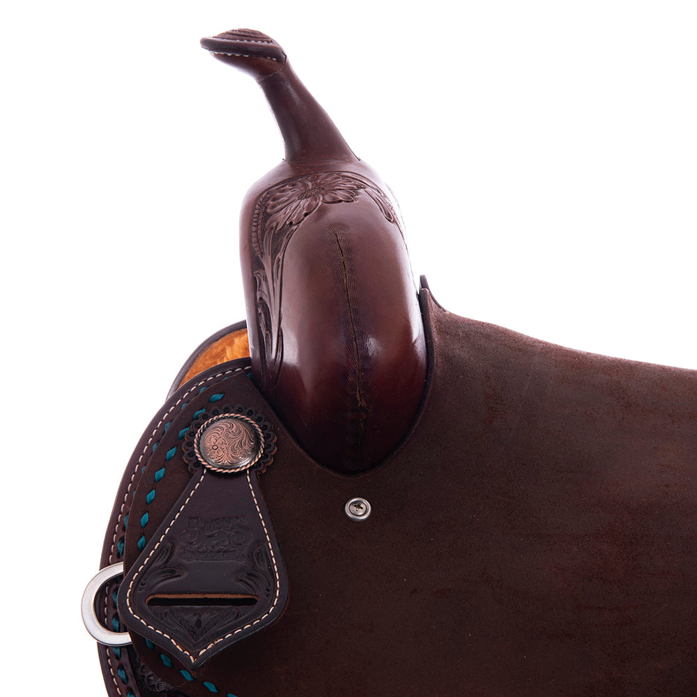 1/2 Smooth Chocolate 1/2 Chocolate Roughout Barrel Saddle - Notched MW Floral Border with Turquoise Buckstitch