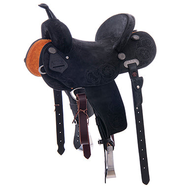 Barrel Saddle – Black Roughout, Round Skirt, D. Daisy Floral Corner Tooling
