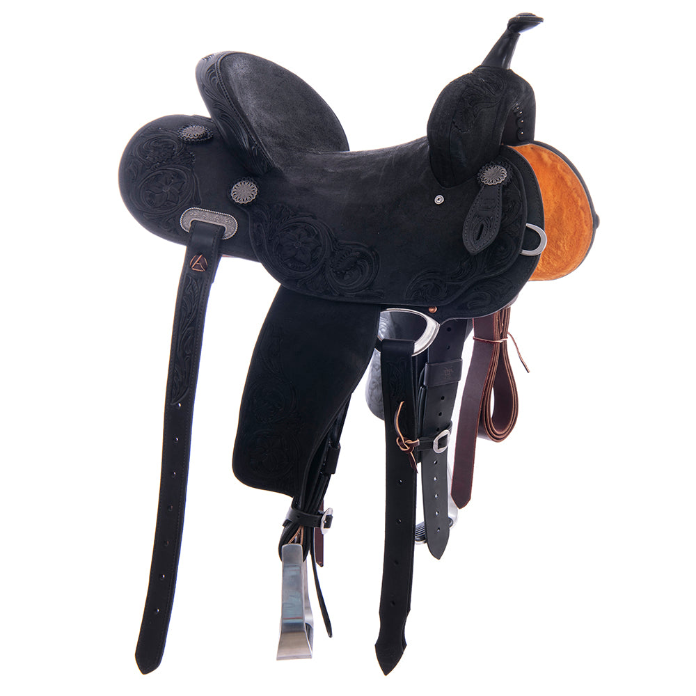 Barrel Saddle – Black Roughout, Round Skirt, D. Daisy Floral Corner Tooling
