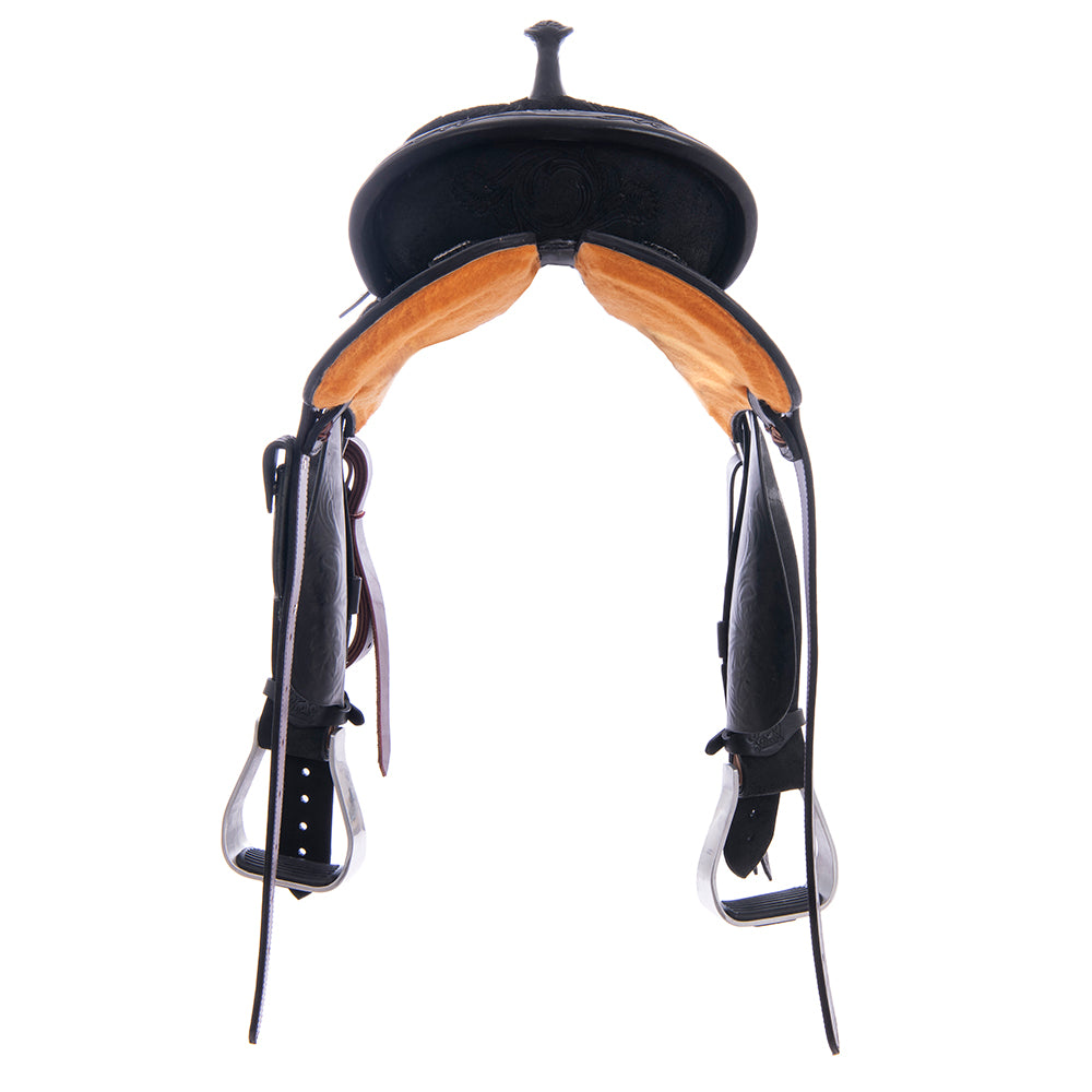 Black Roughout Barrel Saddle - Round Skirt, D. Daisy Floral Corner Tooling, Cheyenne
