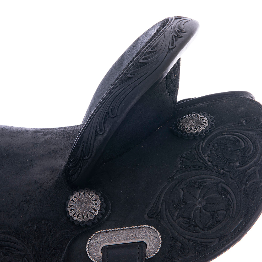 Black Roughout Barrel Saddle - Round Skirt, D. Daisy Floral Corner Tooling, Cheyenne