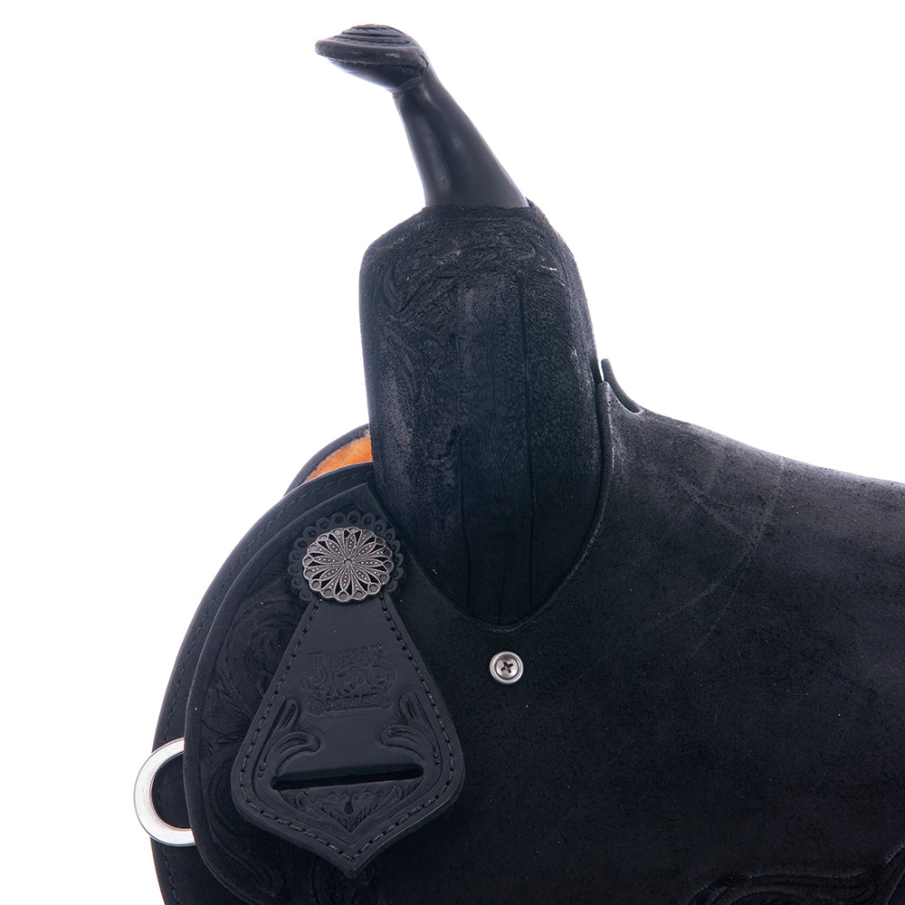 Barrel Saddle – Black Roughout, Round Skirt, D. Daisy Floral Corner Tooling