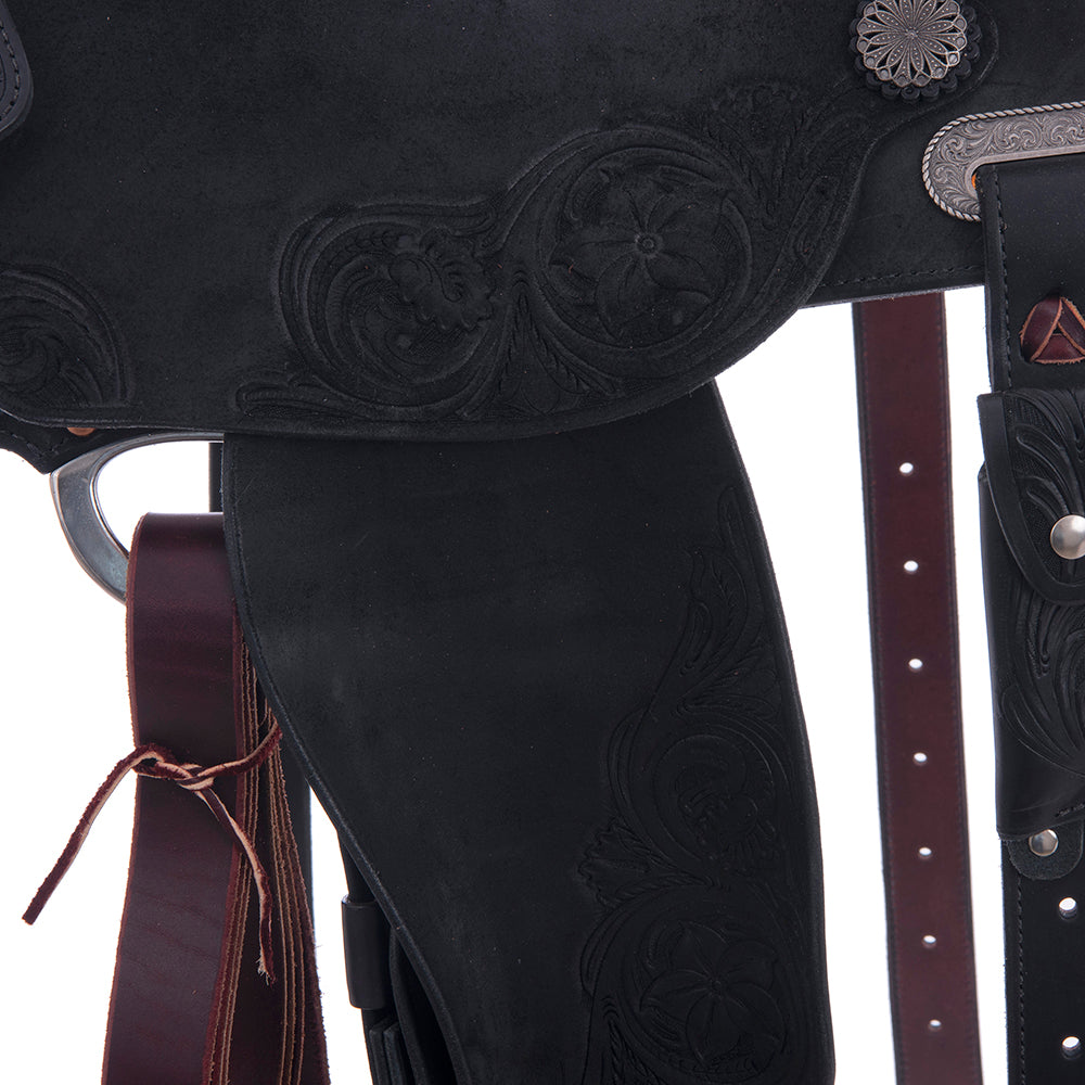 Black Roughout Barrel Saddle - Round Skirt, D. Daisy Floral Corner Tooling, Cheyenne