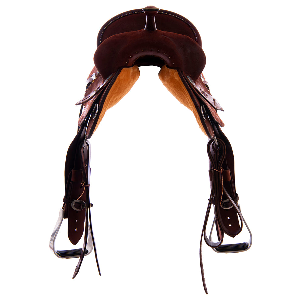 Chestnut Roughout Barrel Saddle- Notched Skirts, Natural Buckstitch Skirt and Seat Corners, Pencil Roll, Hard Seat
