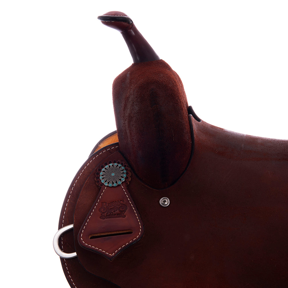 Chestnut Roughout Barrel Saddle- Notched Skirts, Natural Buckstitch Skirt and Seat Corners, Pencil Roll, Hard Seat