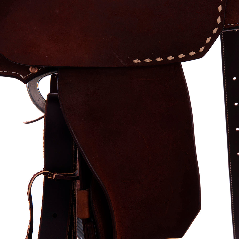 Chestnut Roughout Barrel Saddle- Notched Skirts, Natural Buckstitch Skirt and Seat Corners, Pencil Roll, Hard Seat