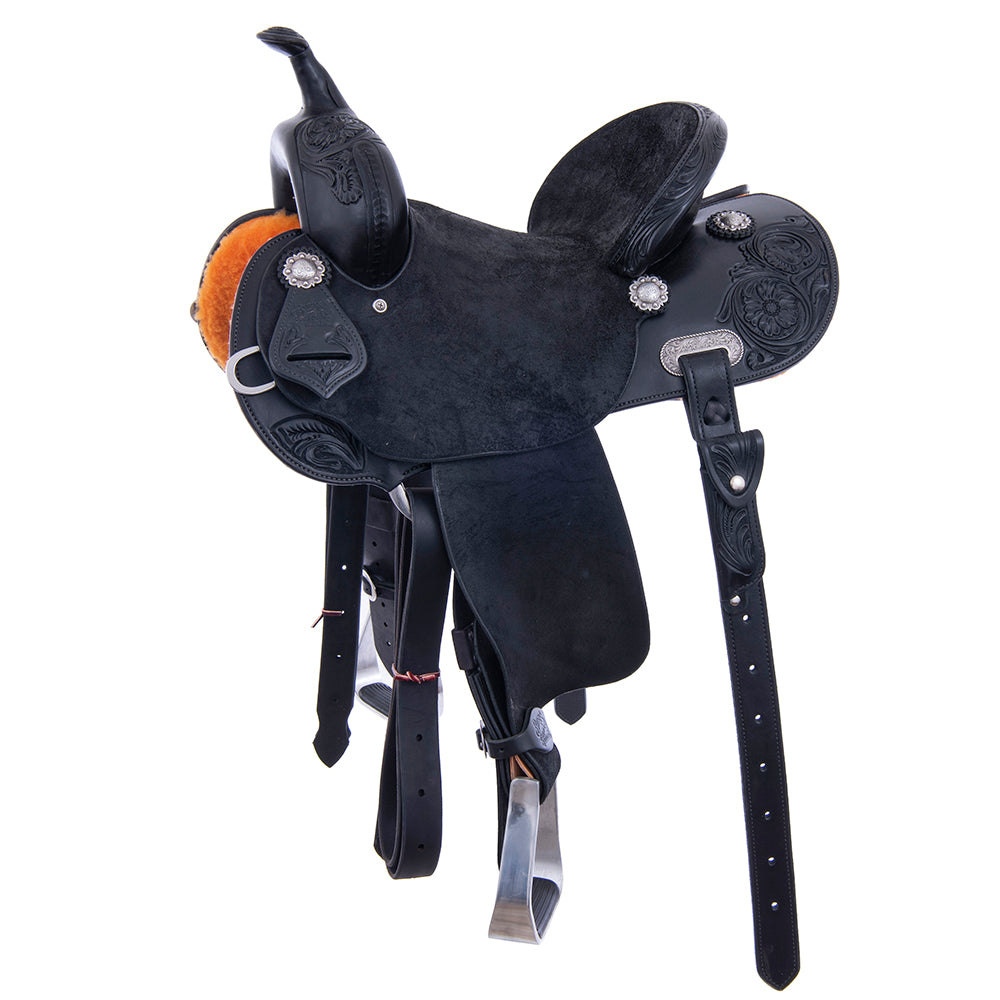 1/2 Black Smooth 1/2 black Roughout Barrel Saddle- Round Cheyenne MW Floral