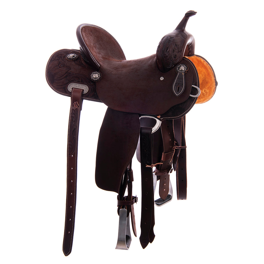 Barrel Saddle - Chocolate Leather, Smooth/Roughout, Round Skirt, 1/2 Corner Sunny Daze Tooling, Pencil Roll