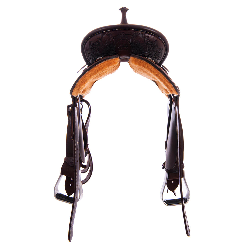 Barrel Saddle - Chocolate Leather, Smooth/Roughout, Round Skirt, 1/2 Corner Sunny Daze Tooling, Pencil Roll