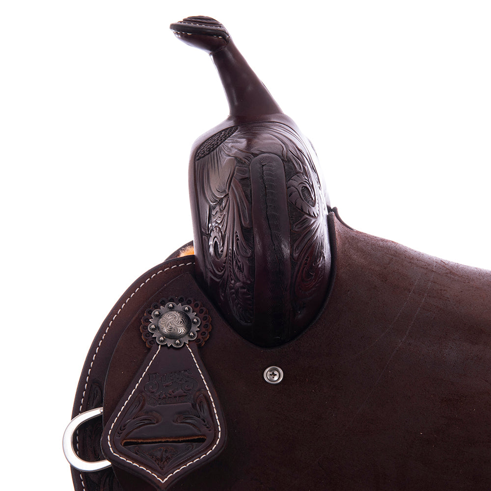 Barrel Saddle - Chocolate Leather, Smooth/Roughout, Round Skirt, 1/2 Corner Sunny Daze Tooling, Pencil Roll