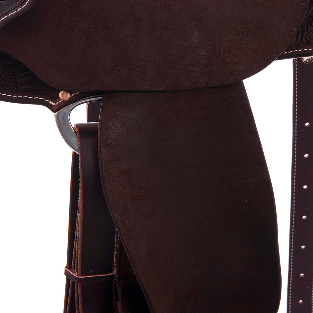 Barrel Saddle - Chocolate Leather, Smooth/Roughout, Round Skirt, 1/2 Corner Sunny Daze Tooling, Pencil Roll