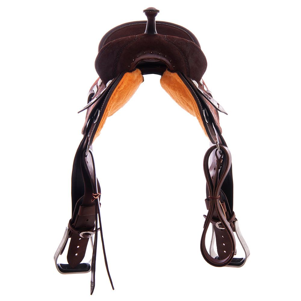 Barrel Saddle - Chocolate Leather, Roughout, Round Skirt, Full Simple Rope Tooling