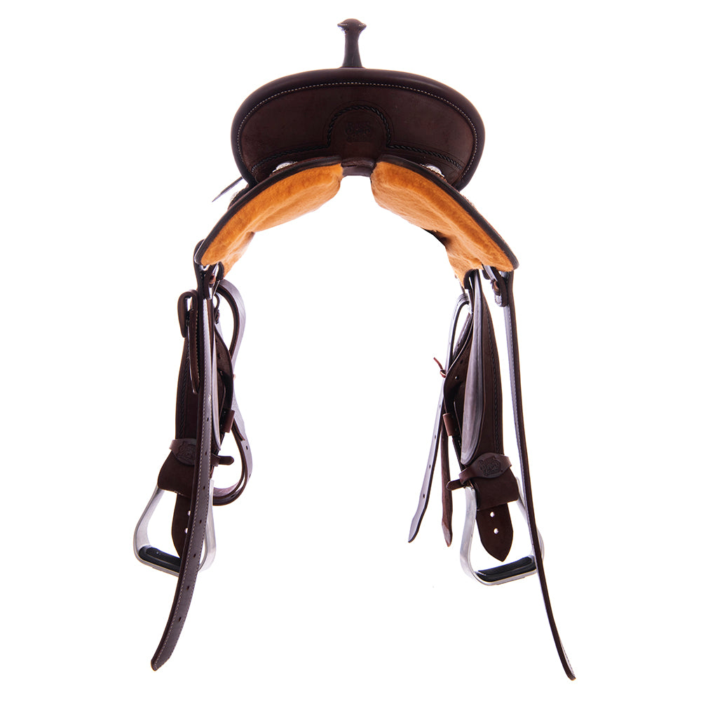 Barrel Saddle - Chocolate Leather, Roughout, Round Skirt, Full Simple Rope Tooling
