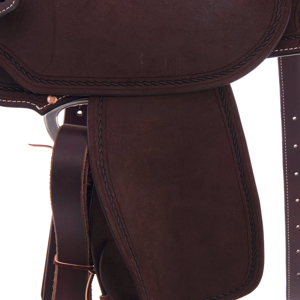 Barrel Saddle - Chocolate Leather, Roughout, Round Skirt, Full Simple Rope Tooling