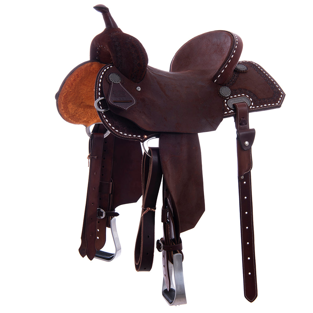 Chocolate Roughout Barrel Saddle-Notched Skirts, Deeter Border; White Buckstitch, Cheyenne, Hard Seat