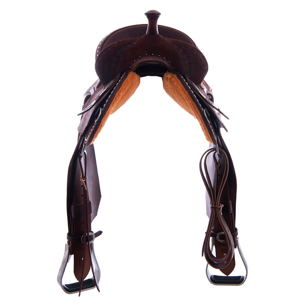 Chocolate Roughout Barrel Saddle-Notched Skirts, Deeter Border; White Buckstitch, Cheyenne, Hard Seat