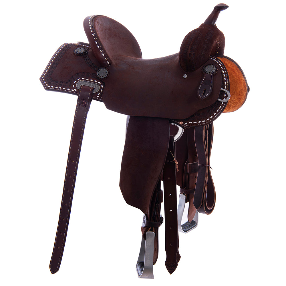 Chocolate RO Barrel Saddle-Notched-Deeter Skirt White Buckstitch-Cheyenne-Hard Seat