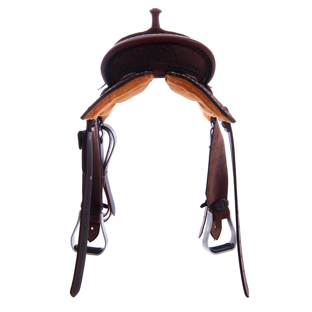 Chocolate RO Barrel Saddle-Notched-Deeter Skirt White Buckstitch-Cheyenne-Hard Seat