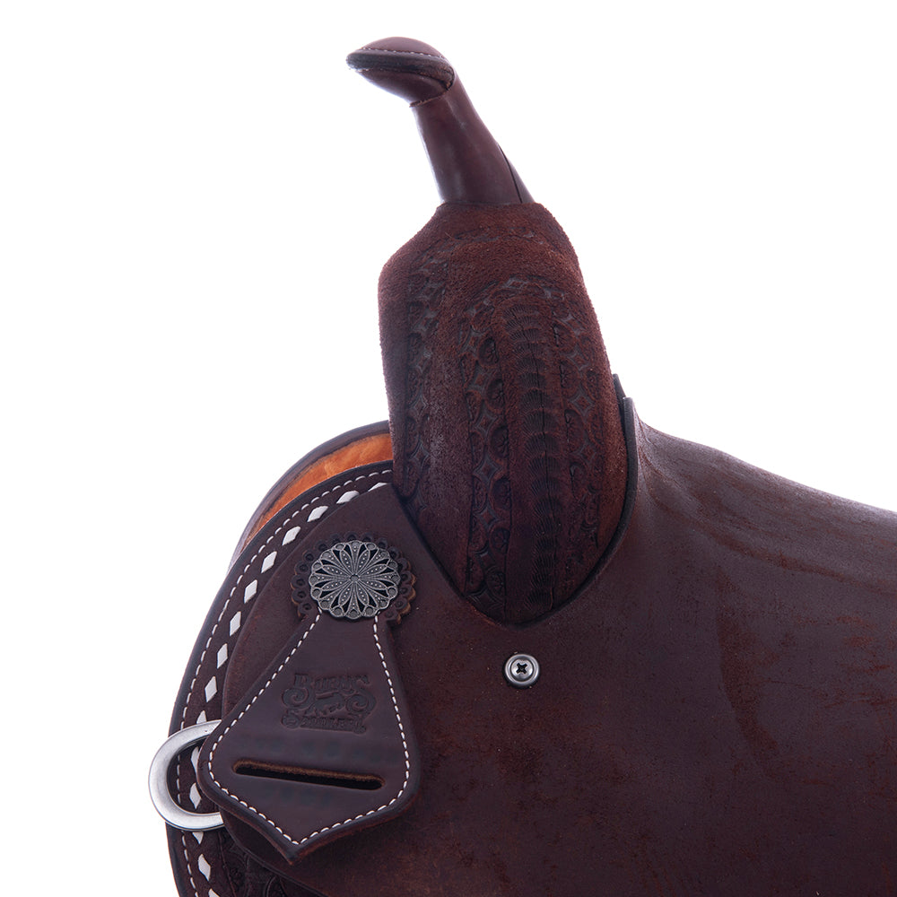 Chocolate RO Barrel Saddle-Notched-Deeter Skirt White Buckstitch-Cheyenne-Hard Seat