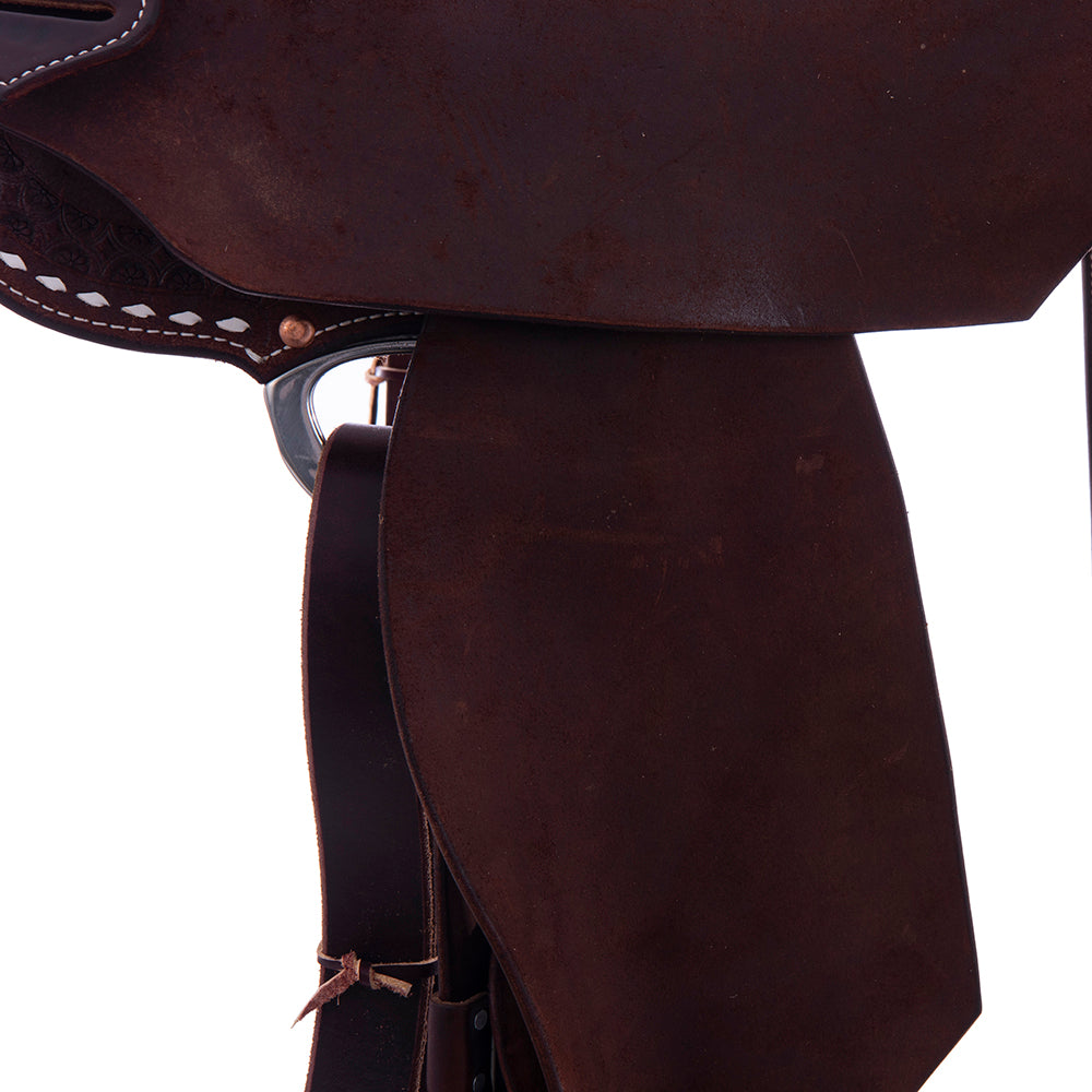 Chocolate Roughout Barrel Saddle-Notched Skirts, Deeter Border; White Buckstitch, Cheyenne, Hard Seat