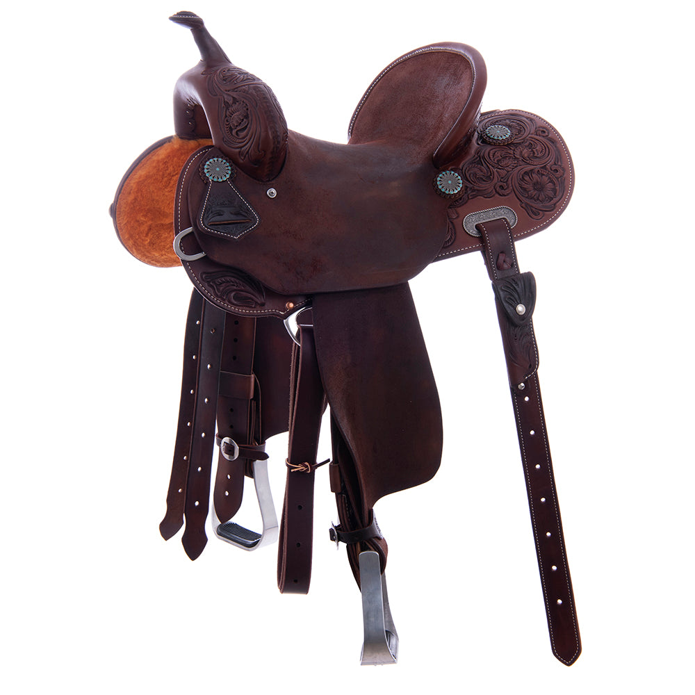 Barrel Saddle - Chocolate Leather, Smooth/Roughout, Round Skirt, 1/2 Sunny D Floral Tooling, Pencil Roll Cantle- Standard