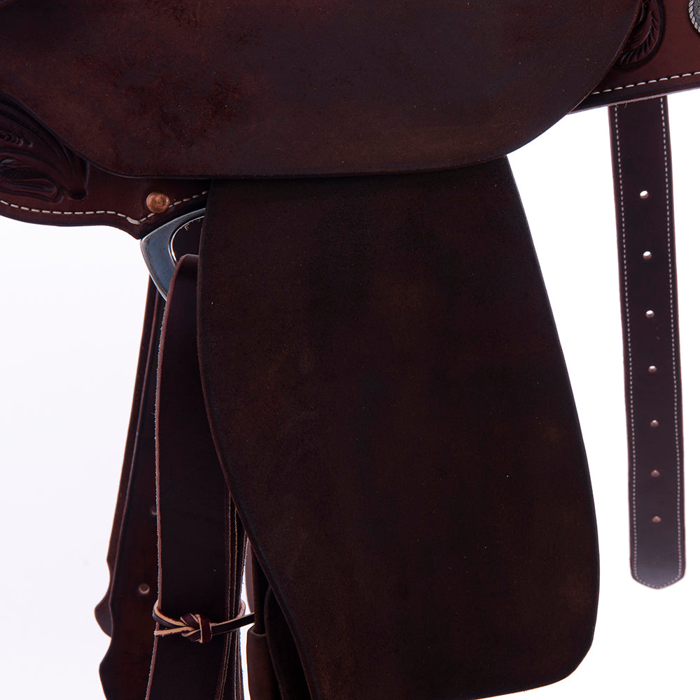 Barrel Saddle - Chocolate Leather, Smooth/Roughout, Round Skirt, 1/2 Sunny D Floral Tooling, Pencil Roll Cantle- Standard