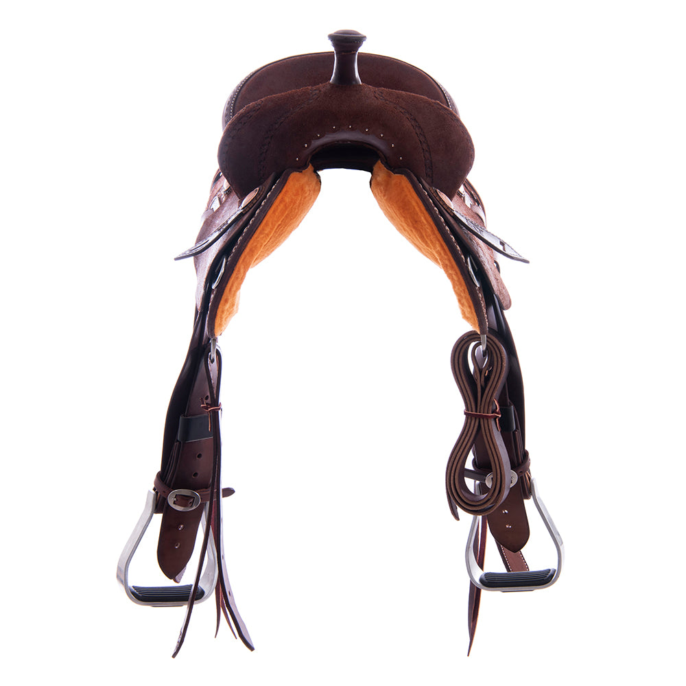 Chocolate RO Barrel Saddle- Round- 1/2 Celtic Border Natural Buckstitch Skirt- Cheyenne