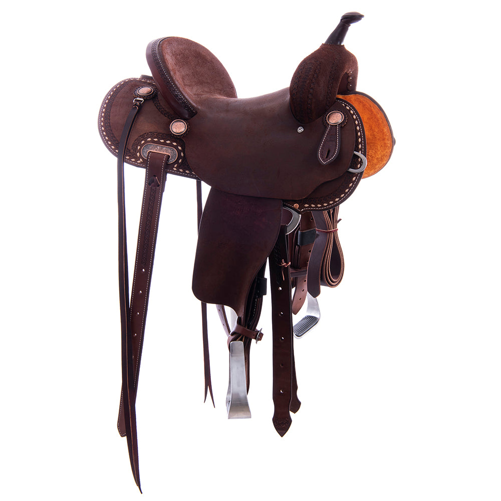 Chocolate Roughout Barrel Saddle- Round Skirts, 1/2 Celtic Border Natural Buckstitch Skirt, Cheyenne