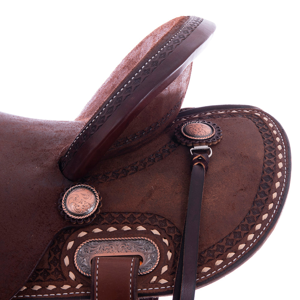 Chocolate Roughout Barrel Saddle- Round Skirts, 1/2 Celtic Border Natural Buckstitch Skirt, Cheyenne