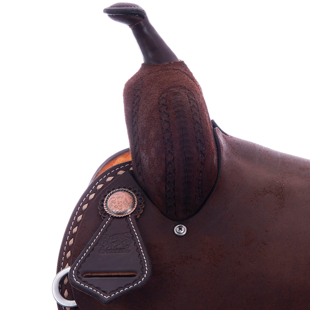 Chocolate Roughout Barrel Saddle- Round Skirts, 1/2 Celtic Border Natural Buckstitch Skirt, Cheyenne