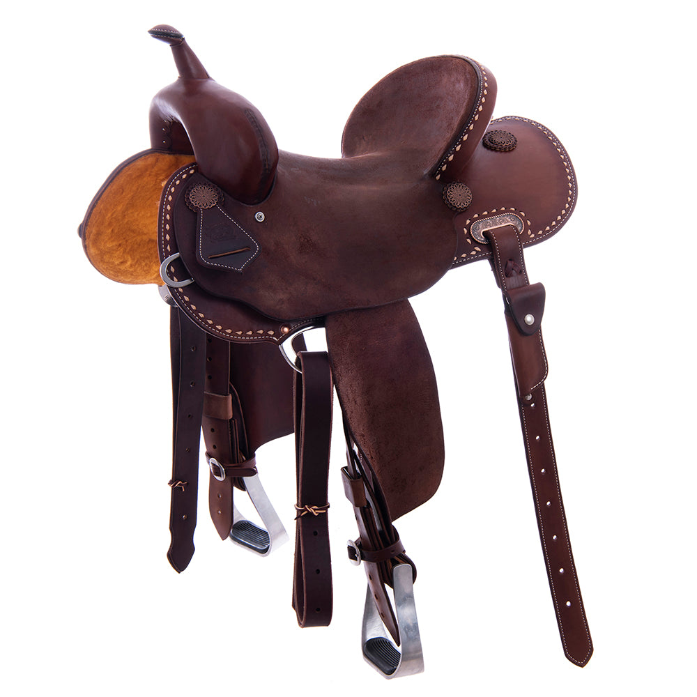1/2 Chocolate SO/RO Barrel Saddle- Round- Natural Buckstitch Skirt and Binding- Cheyenne