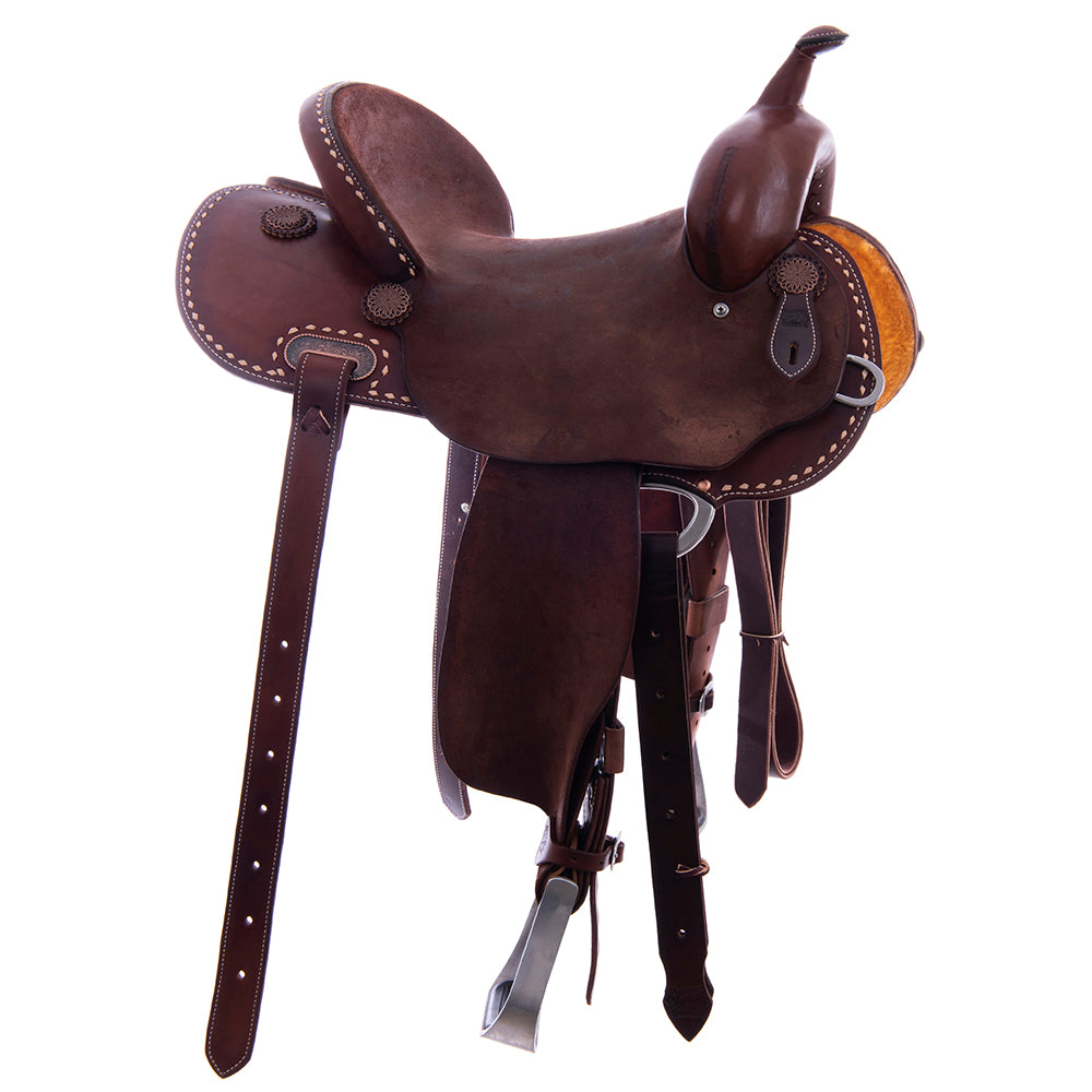 1/2 Chocolate SO/RO Barrel Saddle- Round- Natural Buckstitch Skirt and Binding- Cheyenne