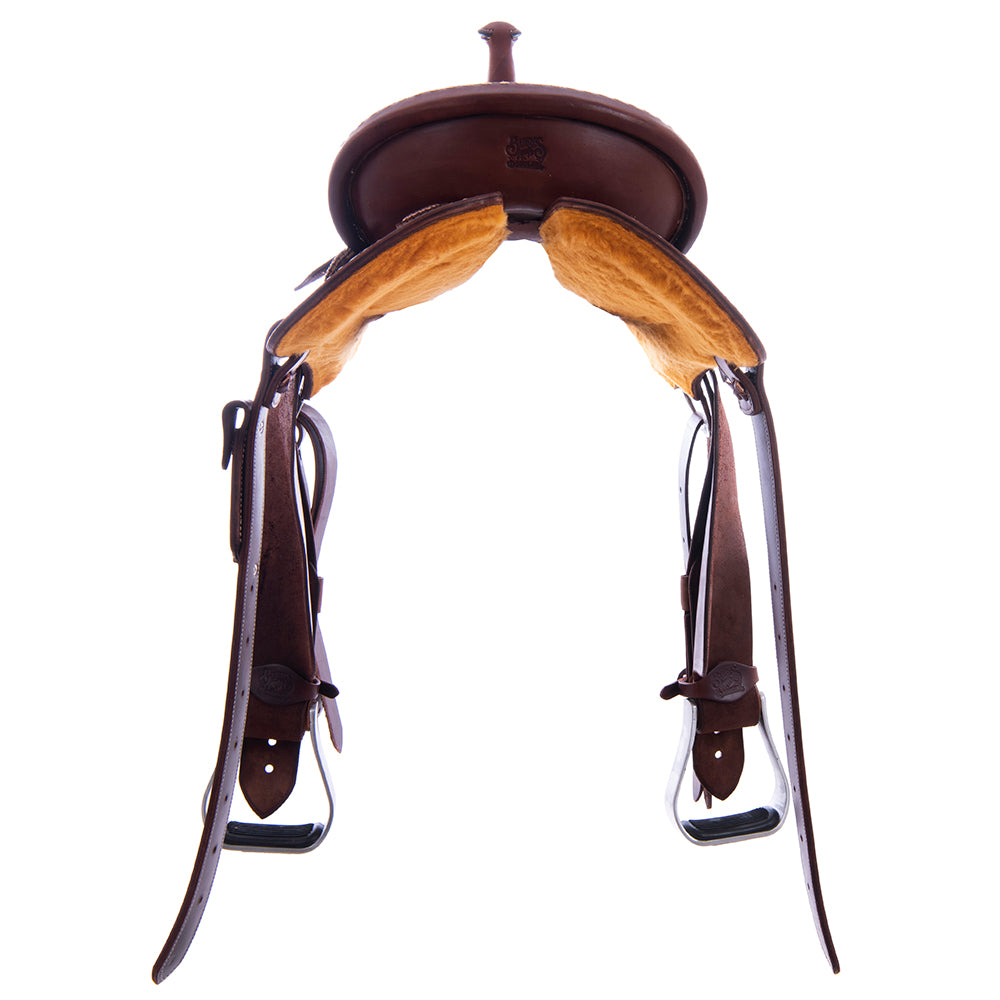 1/2 Chocolate SO/RO Barrel Saddle- Round- Natural Buckstitch Skirt and Binding- Cheyenne